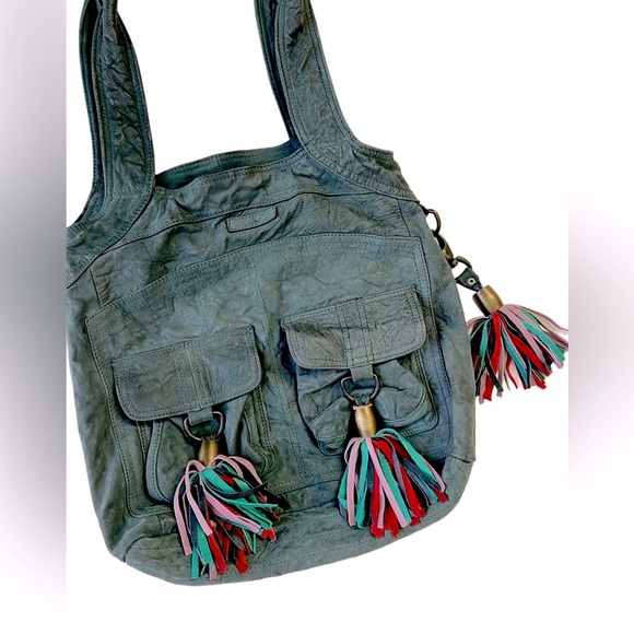 Jazmin Chebar Chic Green Shoulder Slouchy Bag Colorful Tassels Lagenlook - Picture 2 of 15